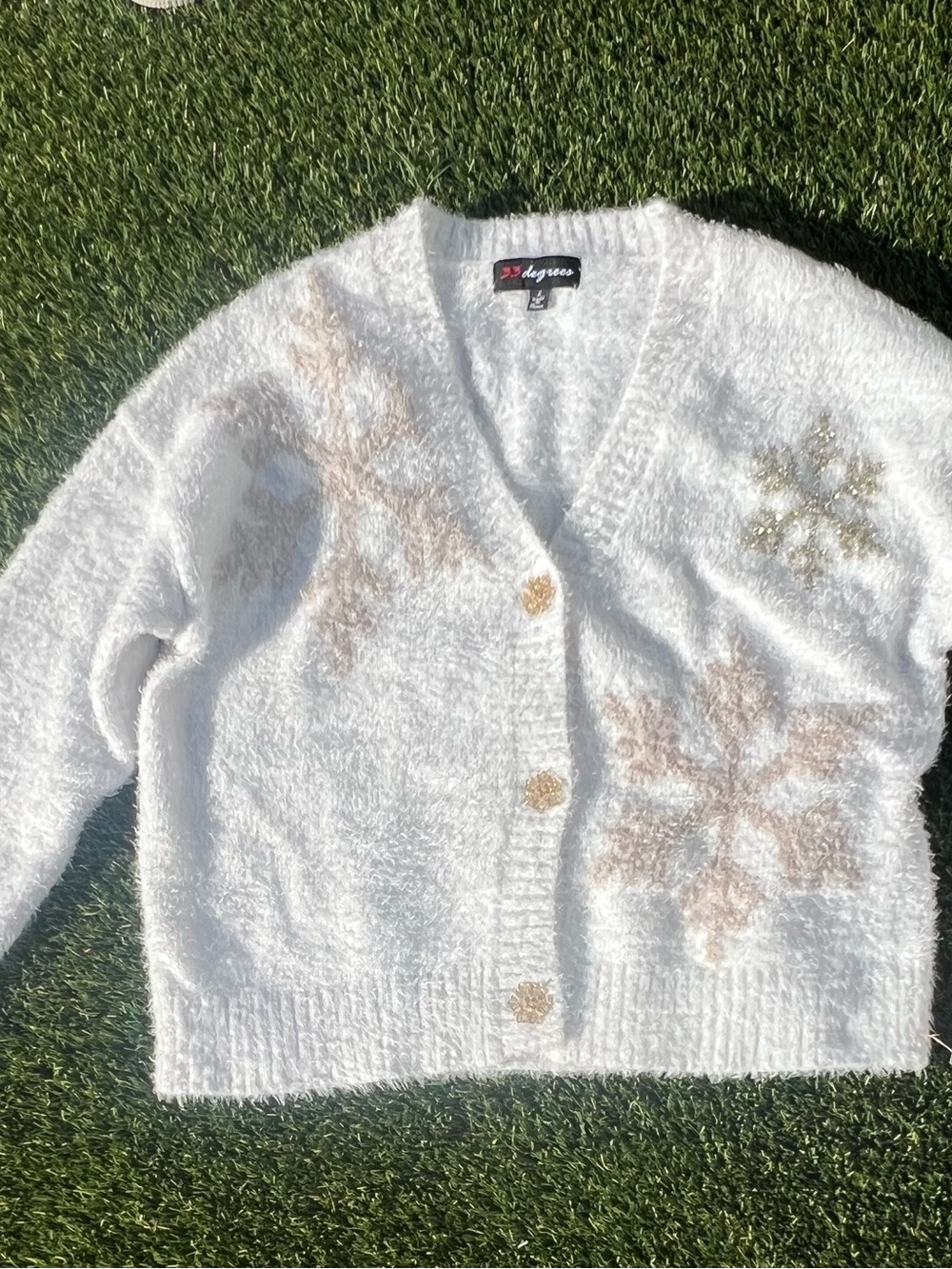 32 Degrees White V-Neck Fuzzy Cardigan with Gold & Beige Snowflake Accents